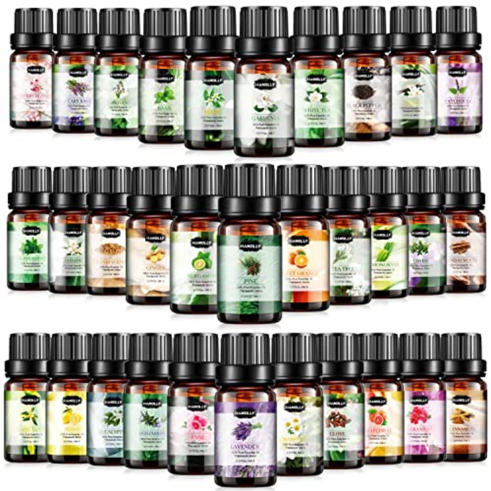 Hanolly Essential Oils Set, Aromatherapy Essential Oil Kit for Diffuser, Humidifier, Massage, Skin Care (32 x 5ml) - Eucalyptus, Lavende