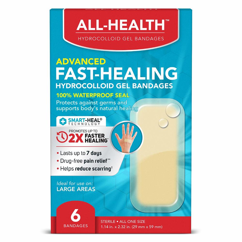 All Health Advanced Fast Healing Hydrocolloid Gel Bandages, Large, 6 ct | 2X Faster Healing for First Aid Blisters or Wound Care