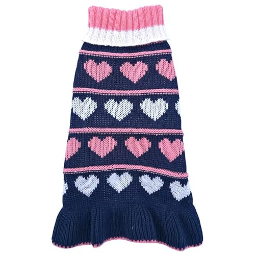 Jecikelon Pet Dog Long Sweaters Dress Knitwear Turtleneck Pullover Warm Winter Puppy Sweater Long Dresses (Navy Heart, X-Large)