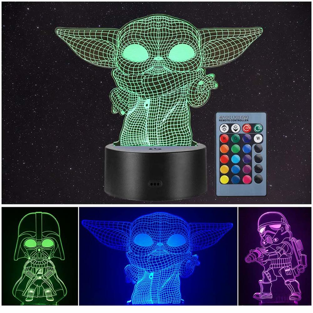 Manco 3 Pattern 3D Illusion Star Wars Night Light for Kids, 16 Color Change Decor Lamp - Star Wars Toys and Gifts Baby Yoda/Dart