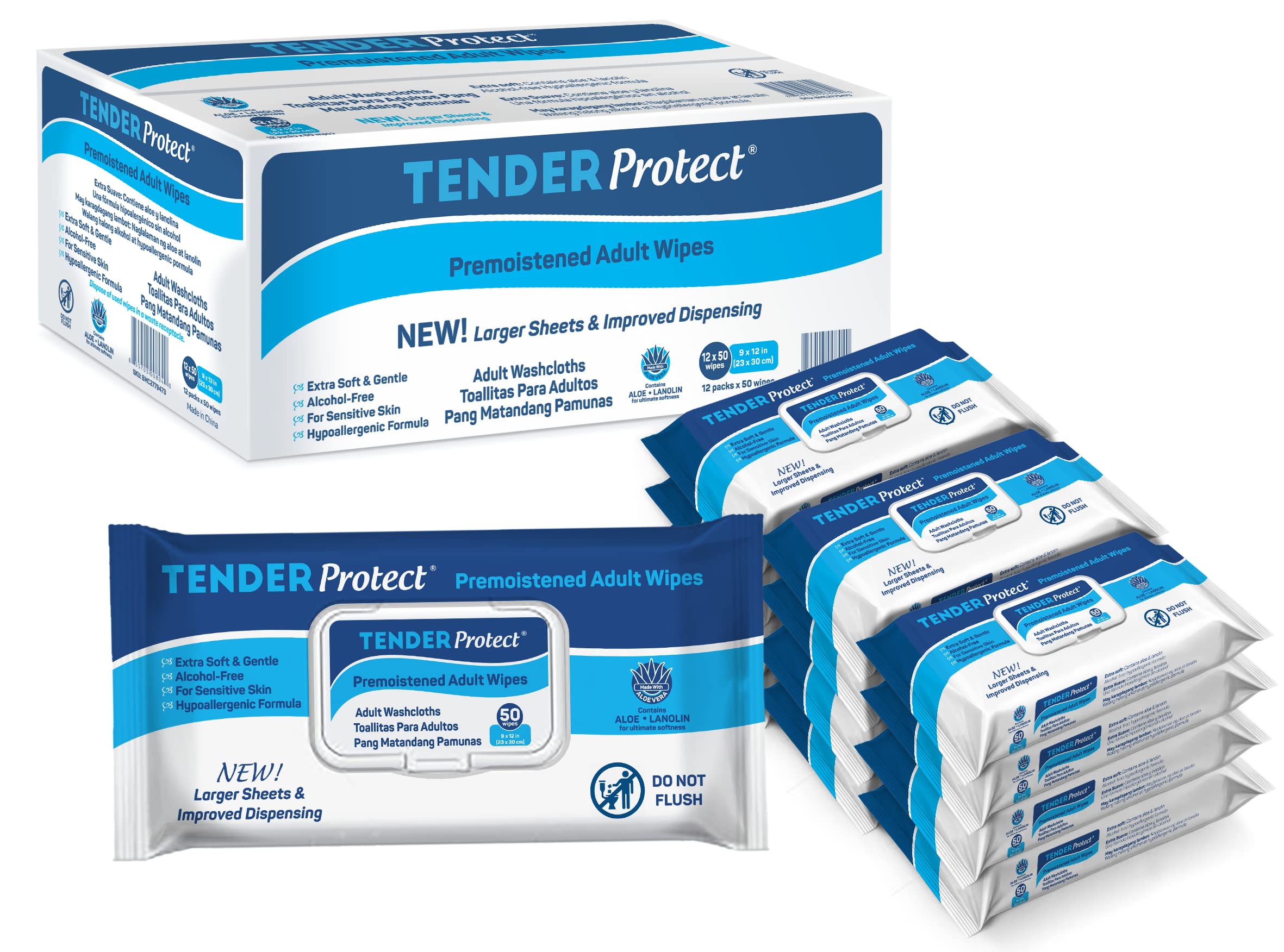 TENDERProtect® Adult Wipes with Aloe, Extra-Large Washcloth (9x12) for Incontinence and Personal Cleansing (600/Cs)