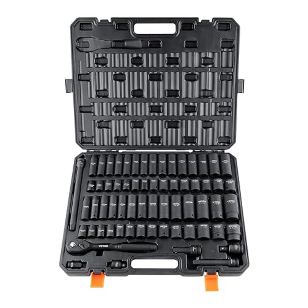 VEVOR 1/2" Drive Impact Socket Set, 65 Piece SAE 3/8" to 1-1/4" and Metric 10-24mm, 6 Point Cr-V Alloy Steel for Auto Repair, Ea