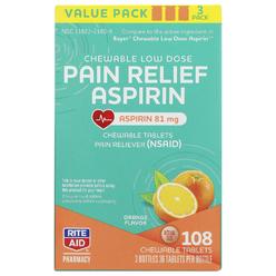 Rite Aid Low Dose 81 mg Aspirin, Chewable Tablets, Orange Flavor, 3 Bottles, 36 Count Each (108 Count Total) Pain Reliever | Che