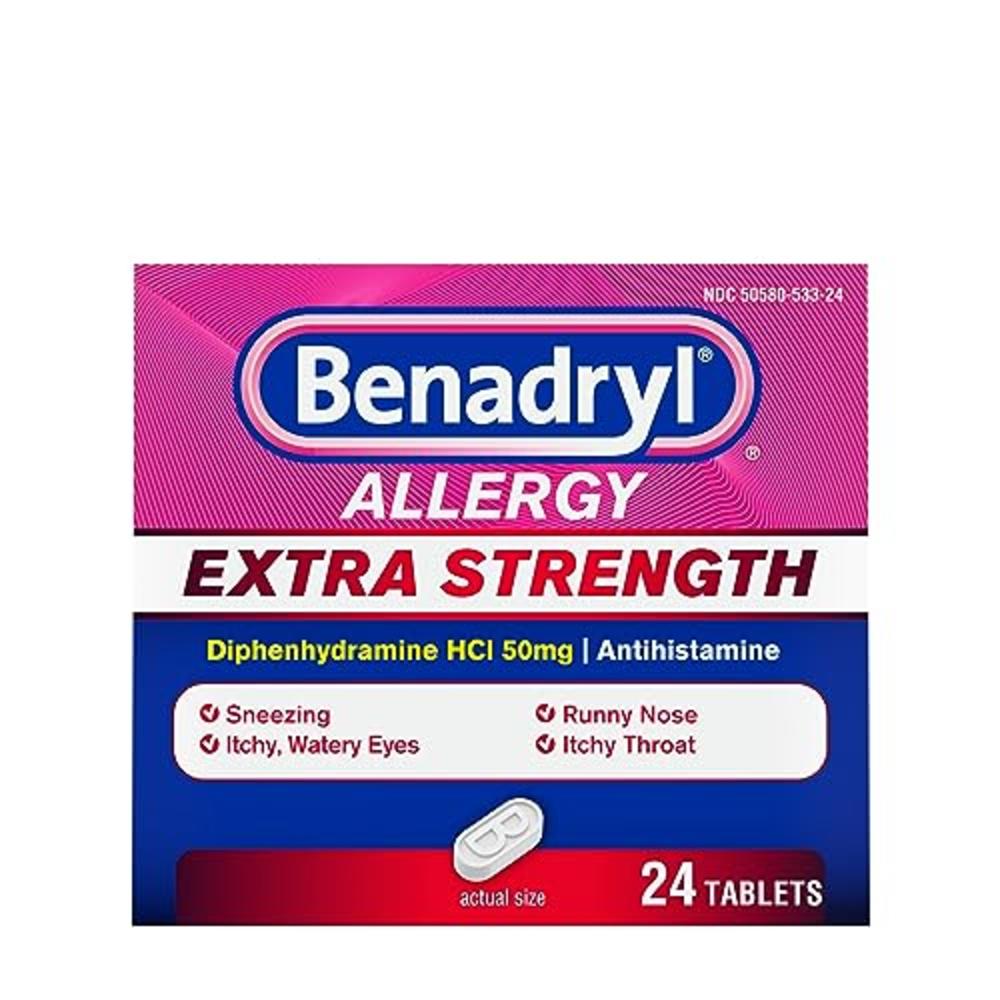 Benadryl Extra Strength Antihistamine Allergy Relief Medicine, 50 mg Diphenhydramine HCl Tablets for Relief of Allergy Symptoms 