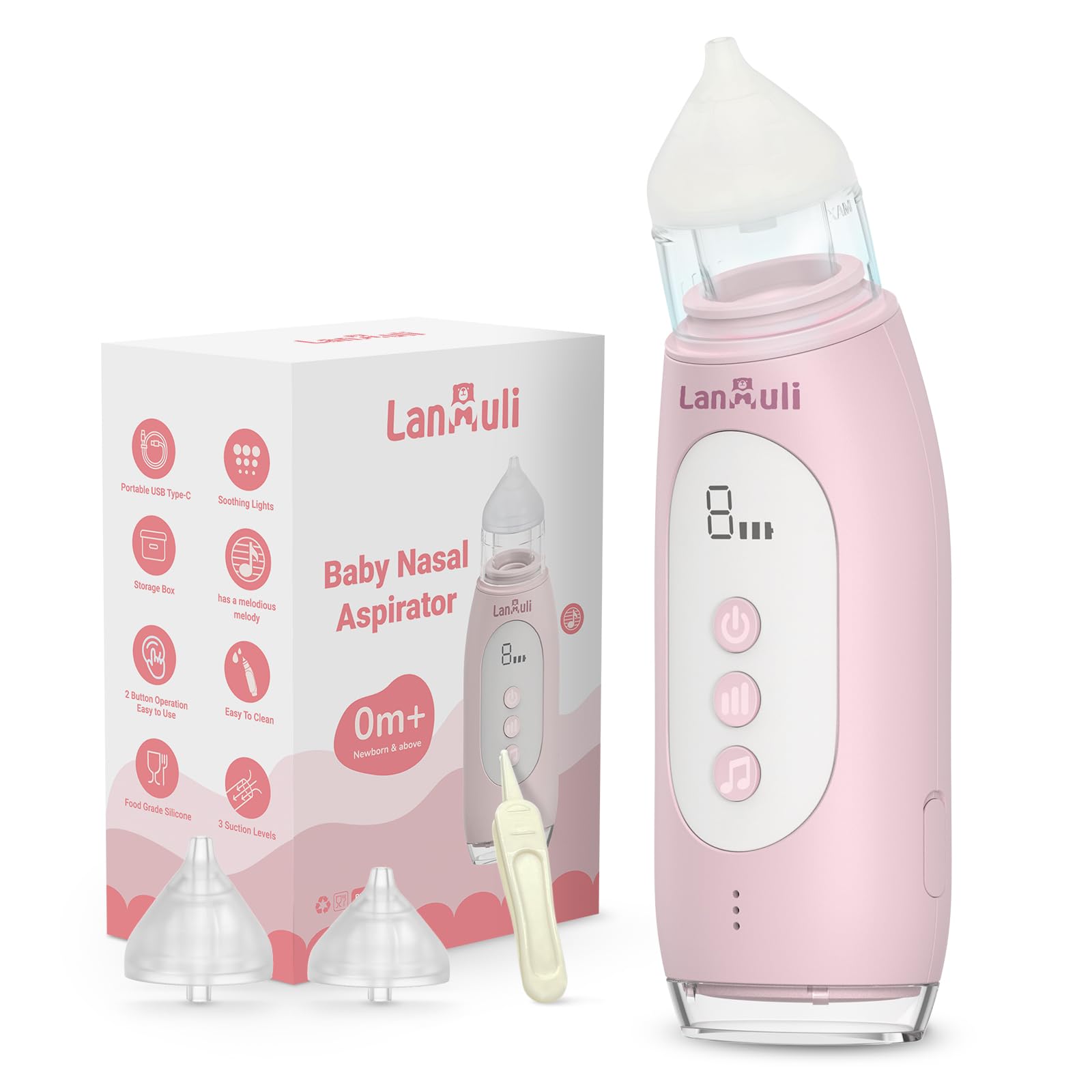 LANMULI Electric Nasal Aspirator for Baby, Automatic Toddler Nose Sucker, Infant Snot Cleaner with Adjustable Suction Level, Mus