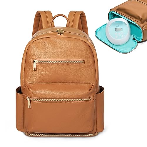 MOMINSIDE Diaper Bag Backpack, Leather Backpack Fit Most Breast Pumps, Breast Pump Bag Mommy Bag for Mom, with 13 Inch Laptop Sl