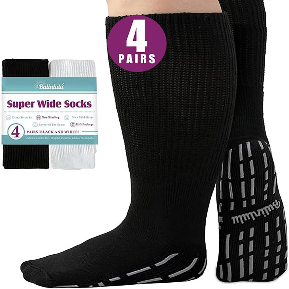Bulinlulu Extra Width Socks for Swollen Feet-4 Pairs Extra Width Diabetic Wide Socks for Men, Extra Width Hospital Socks Non Sli