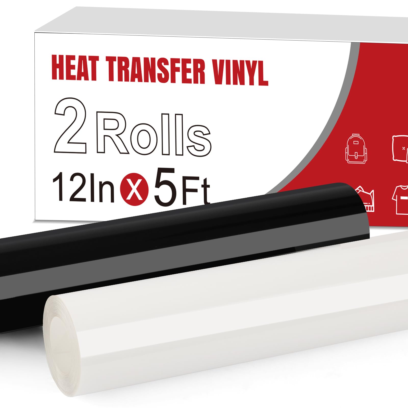 CAREGY HTV Heat Transfer Vinyl Rolls: 12 x 5ft White HTV and Black Heat  Transfer Vinyl for Shirts, 2 Rolls Black and White Iron