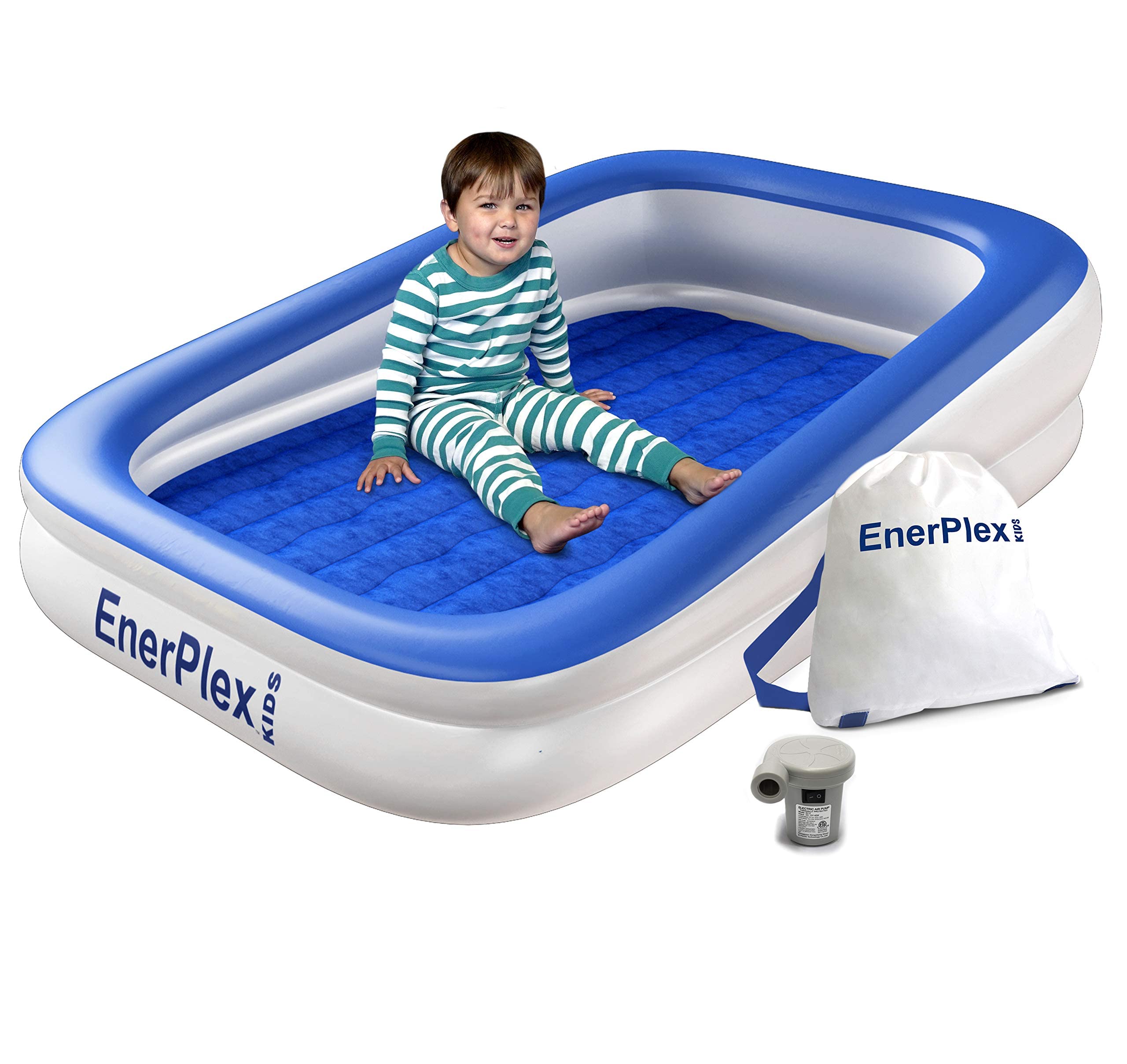 EnerPlex Kids Inflatable Travel Bed with High Speed Pump, Portable Blow up Toddler Air Mattress with Sides - Built-in Safety Bum