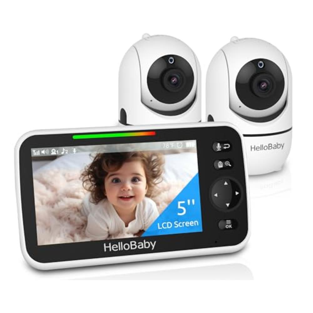 HelloBaby Upgrade 5’’ Baby Monitor with 26-Hour Battery, 2 Cameras Pan-Tilt-Zoom, 1000ft Range Video Audio Baby Monitor No WiFi,