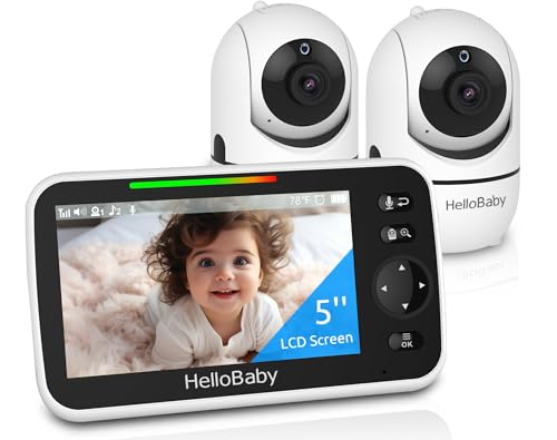 HelloBaby Upgrade 5’’ Baby Monitor with 26-Hour Battery, 2 Cameras Pan-Tilt-Zoom, 1000ft Range Video Audio Baby Monitor No WiFi,