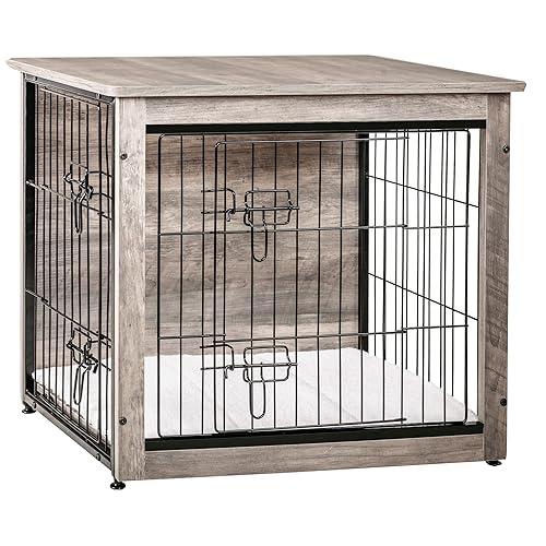 DWANTON Dog Crate Furniture with Cushion, Wooden Dog Crate with Double Doors, Dog Furniture, Dog Kennel Indoor for Small/Medium/