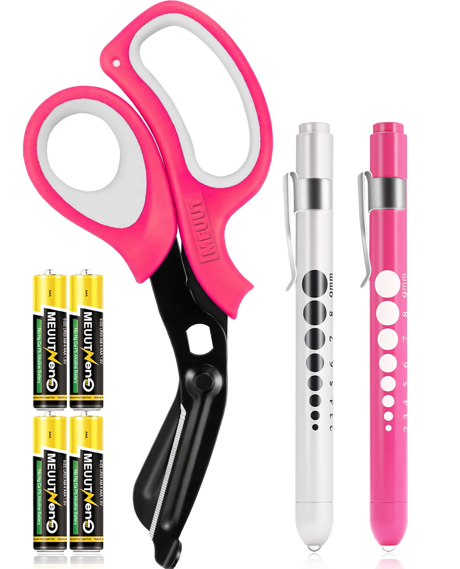 MEUUT 3 Pack Penlight & Medical Scissors- One 8 Inches Patented Trauma Shears Two LED Pen light with Four Batteries - Bandage Sc