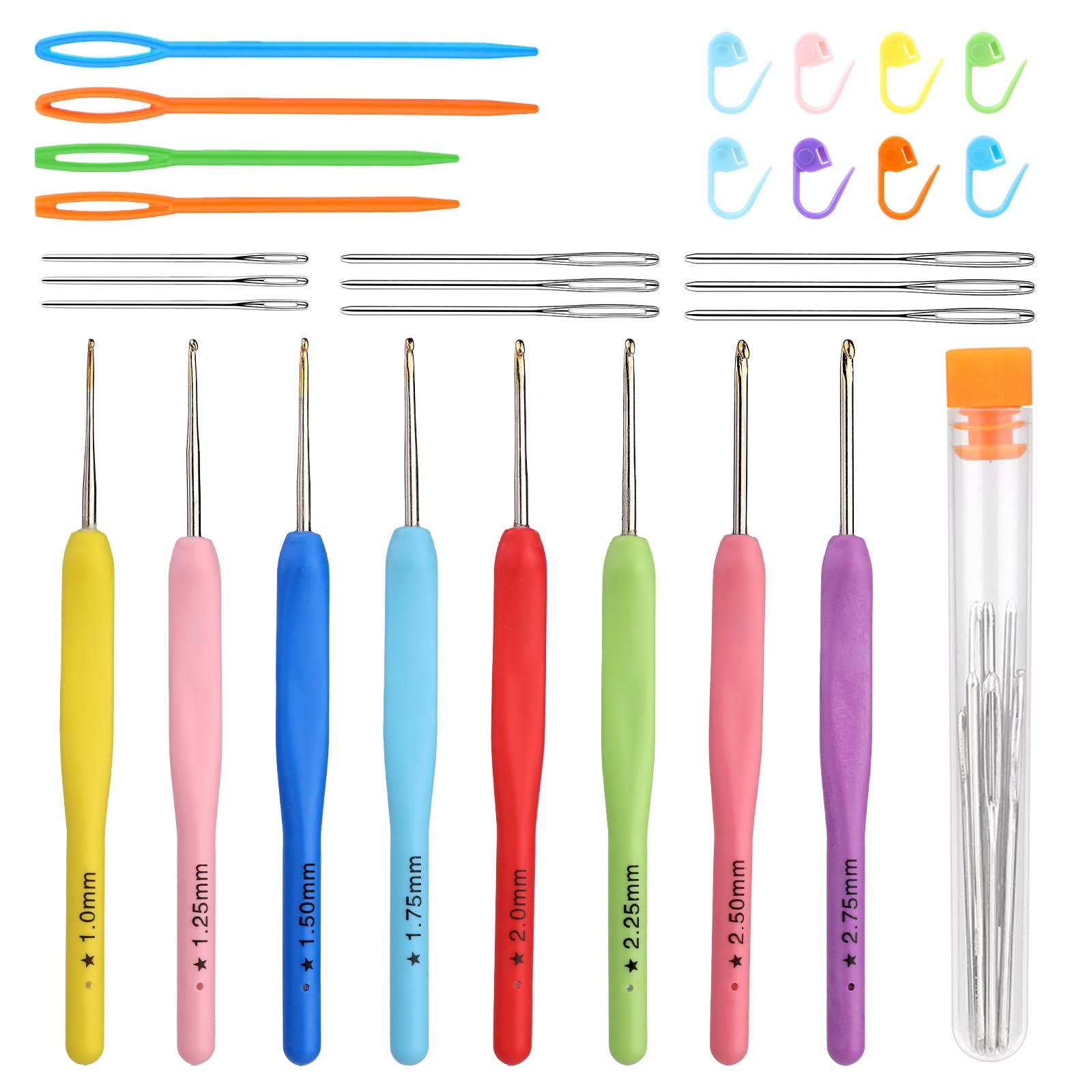 Qmnnma 8 Sizes Crochet Hooks,Ergonomic Arthritis Handle, 1mm-2.75mm  Multicolor Small Crochet and Plastic Big Eye Needle and Other Acces