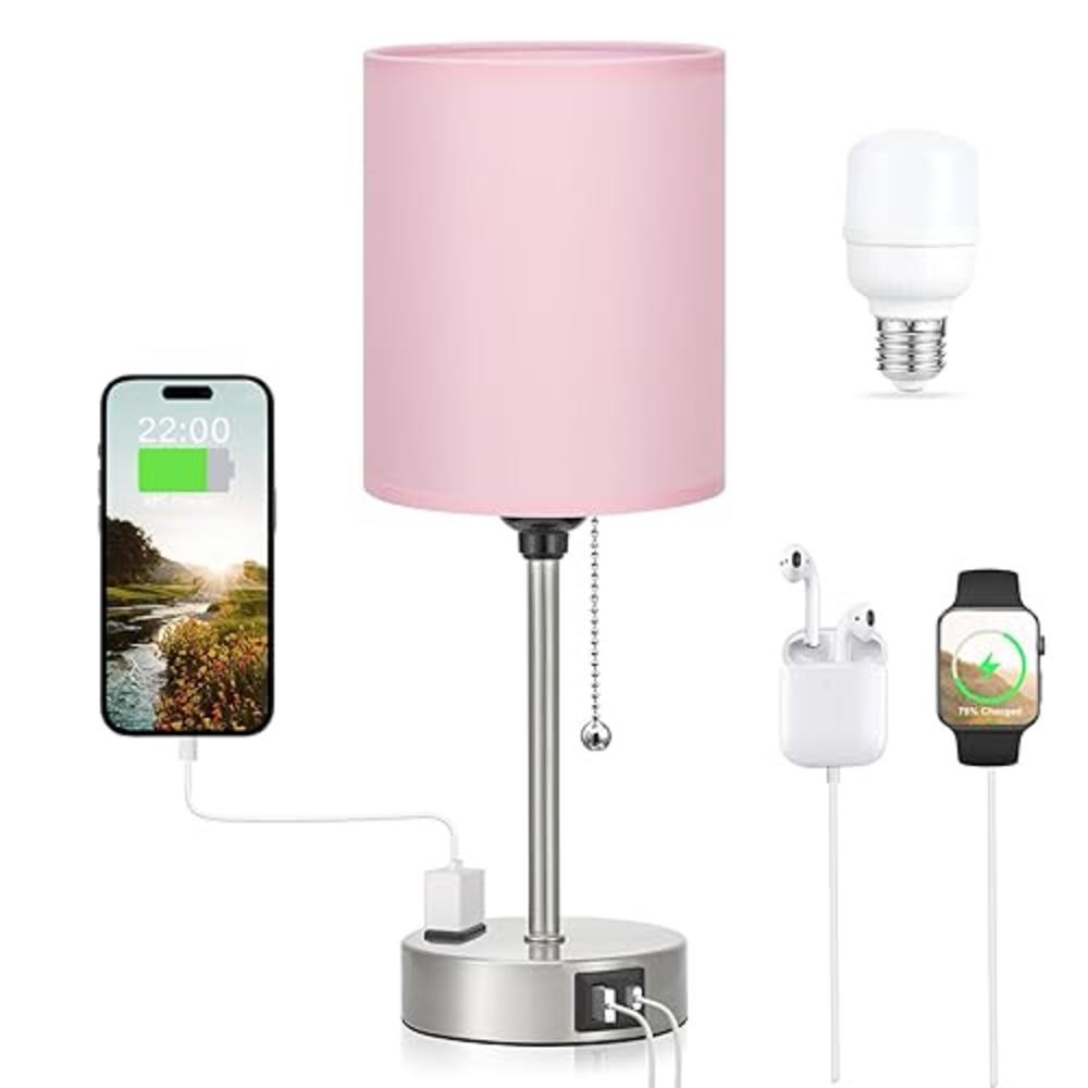 Dicoool Pink Bedroom Lamp for Bedside - 3 Color Temperatures Desk Lamp with USB C and A Ports, Pull Chain Table Lamp with AC Out