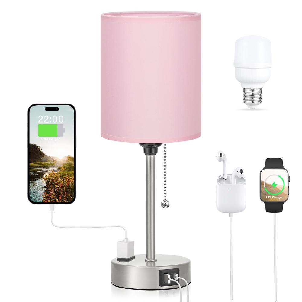 Dicoool Pink Bedroom Lamp for Bedside - 3 Color Temperatures Desk Lamp with USB C and A Ports, Pull Chain Table Lamp with AC Out