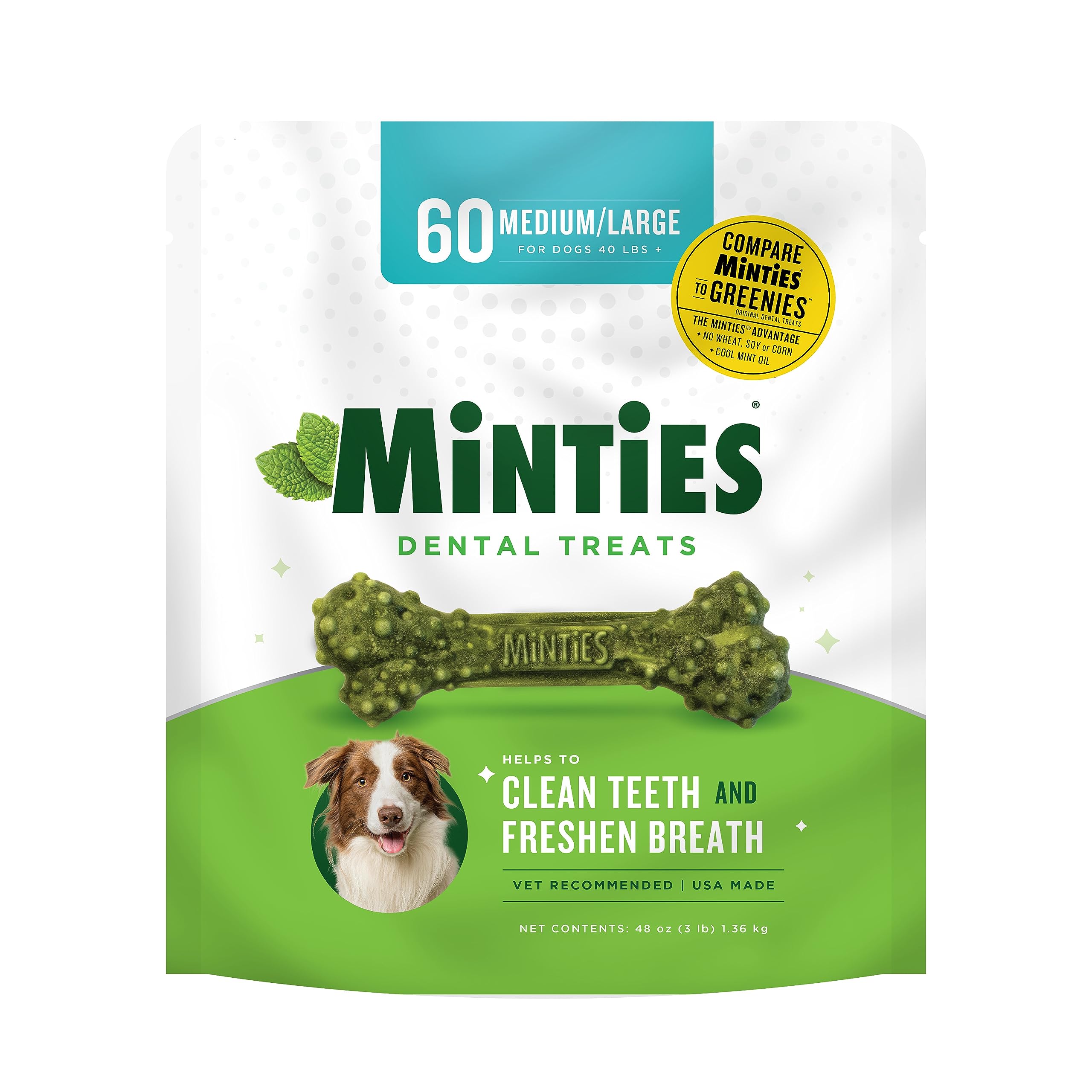 Minties Dental Chews for Dogs, Vet-Recommended Mint-Flavored Dental Treats for Medium/Large Dogs over 40 lbs, Dental Bones Clean