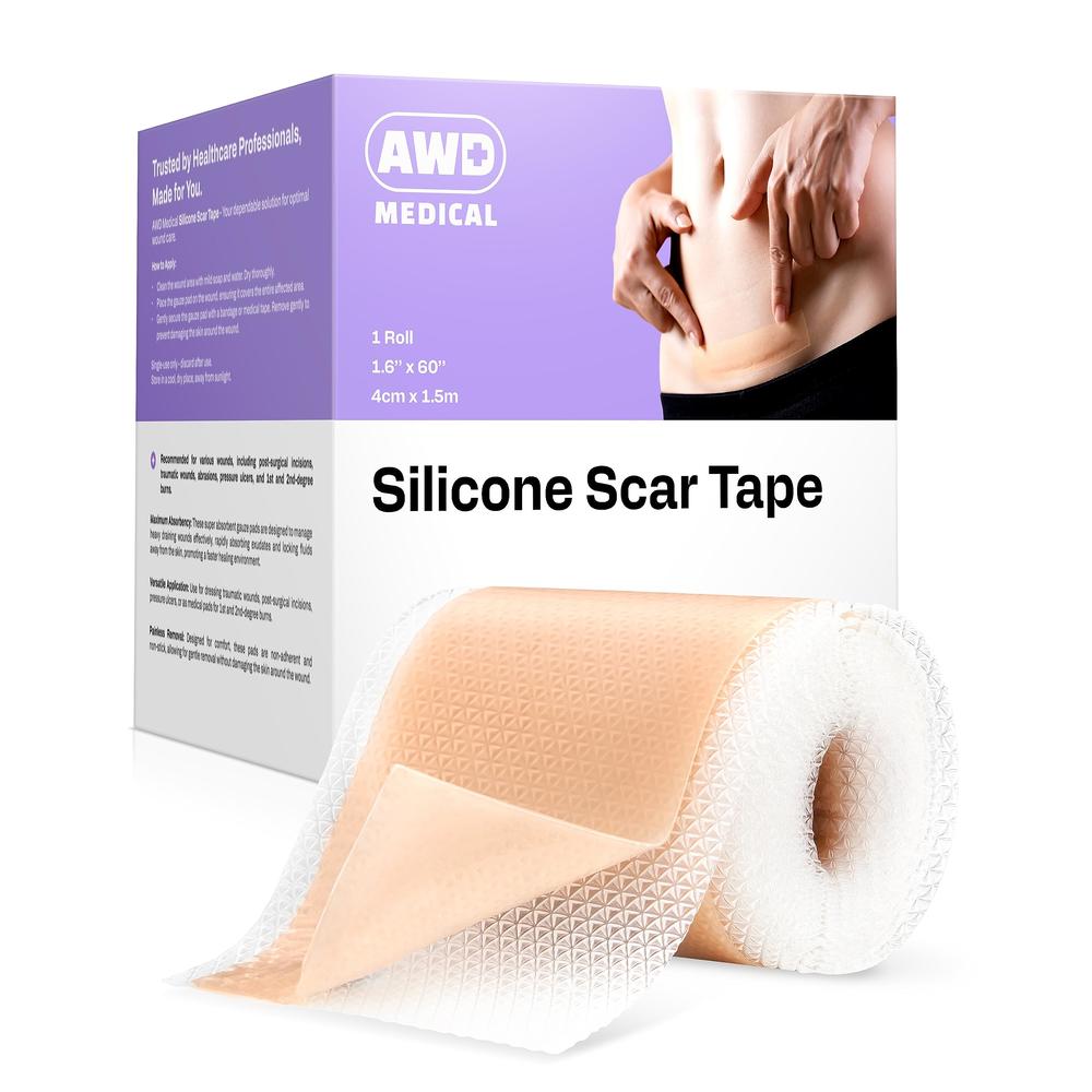 AWD Medical AWD Silicone Scar Tape for Surgical Scars - Medical Grade Silicone Scar Sheets for C Section, Tummy Tuck Tape, Keloid Treatment 