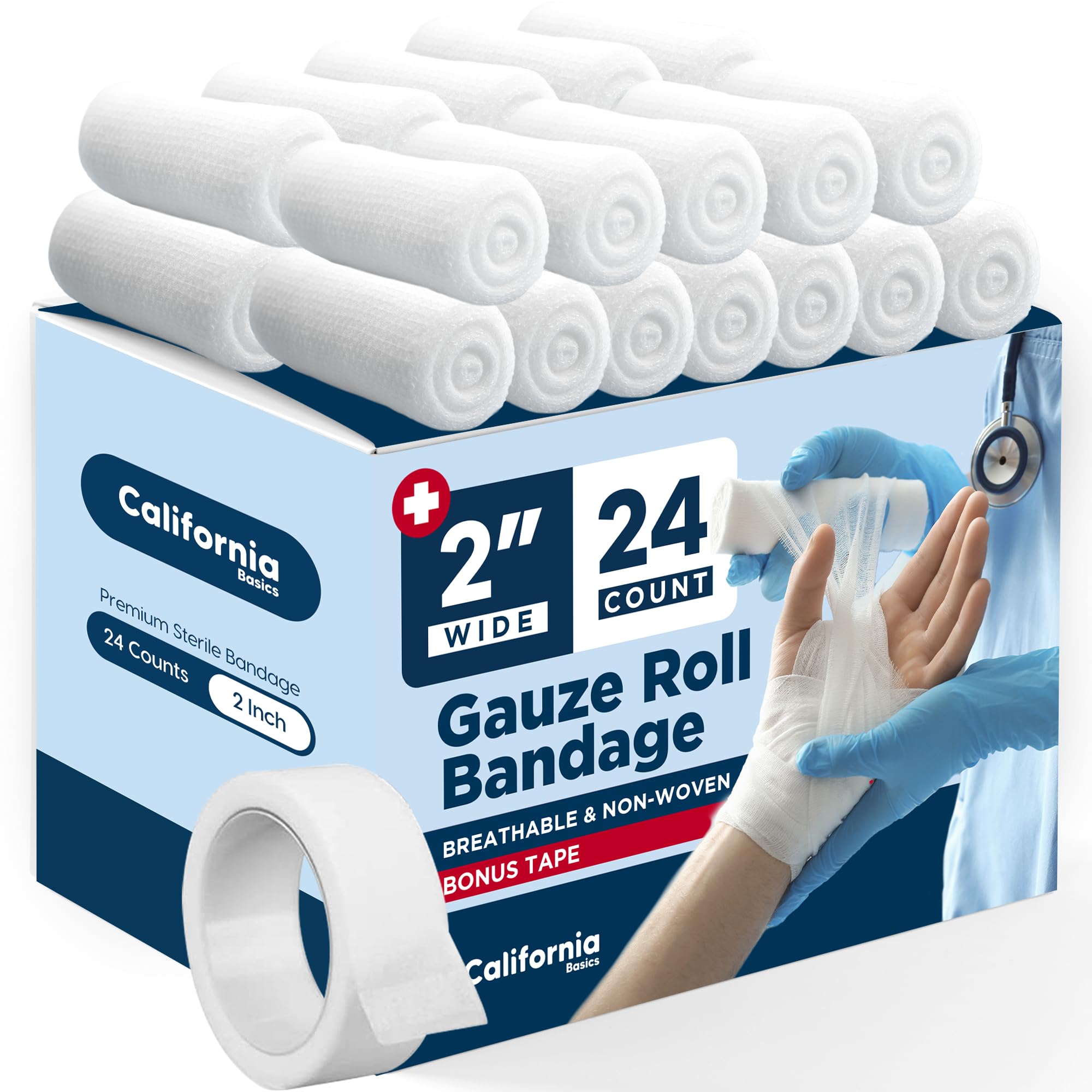 California Basics, Gauze Bandage Roll with Tape - Rolled Gauze Wrap - White Gauze Rolls - Breathable Gauze Wrap Used for First A