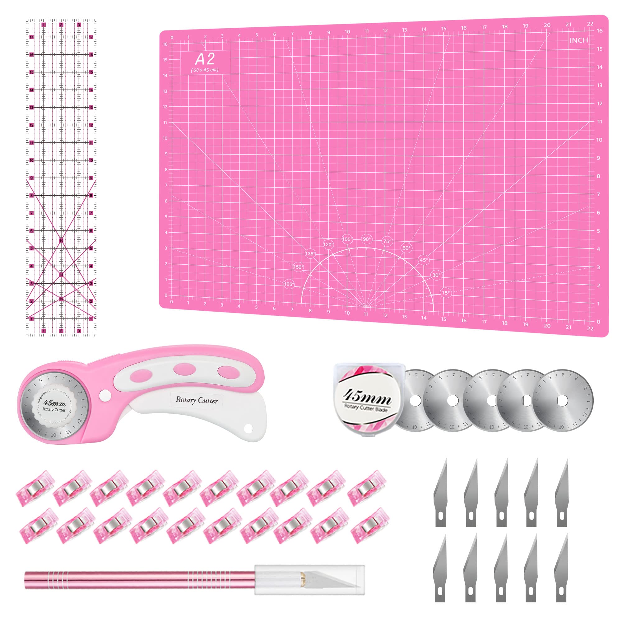 Headley Tools Rotary Cutter Set Pink - Quilting Kit incl. 45mm Fabric  Cutter, 5 Replacement Blades, A2 Cutting Mat, Acrylic Quilting Ruler and