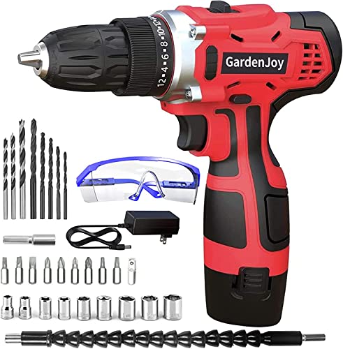 GardenJoy Cordless Power Drill Set: 12V Electric Drill with Battery and Charger, 2 Variable Speed, 24+1 Torque Setting, 3/8-Inch