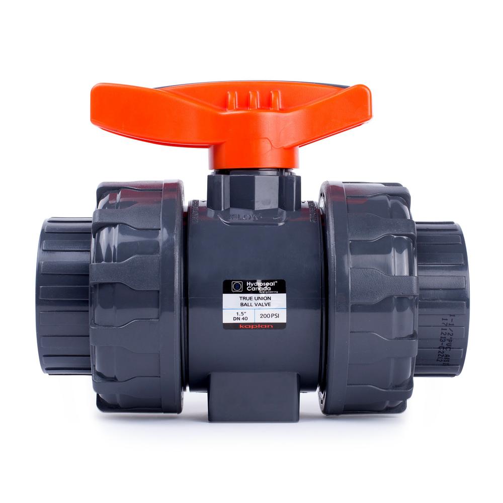 HYDROSEAL Kaplan PVC 1 1/2" True Union Ball Valve with Full Port, ASTM F1970, EPDM O-Rings and Reversible PTFE Seats, Rated at 2