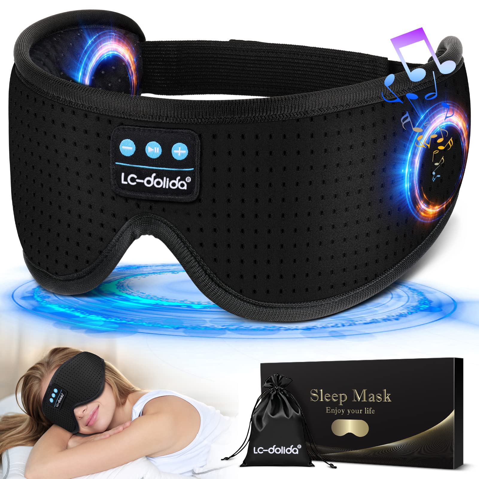 LC-dolida Sleep Mask, White Noise Bluetooth Sleep Mask 3D Wireless Eye Mask Sleeping with Timing, Sleep Mask with Bluetooth Head