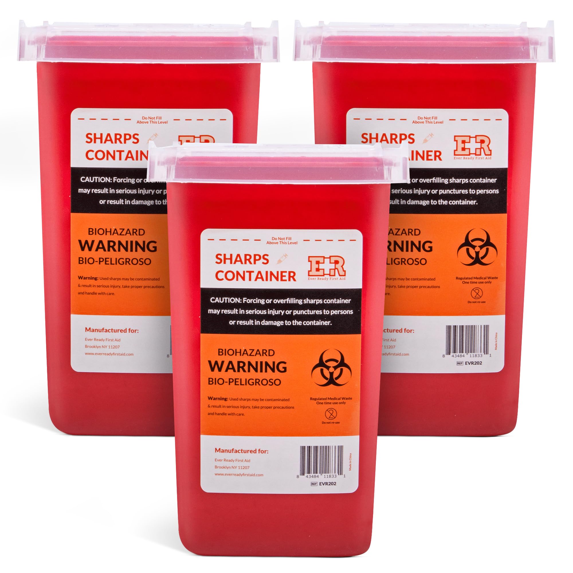 Ever Ready First Aid Sharps Container with Split Lid Design and Locking Mechanism for Sharp Waste Disposal, 1 Quart - 3 Count