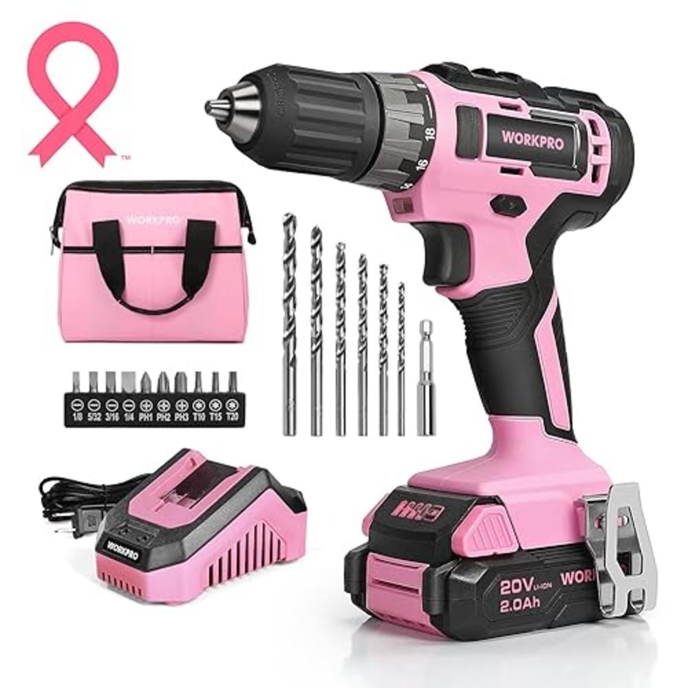 WORKPRO 20V Pink Cordless Drill Driver Set, 3/8” Keyless Chuck, 2.0 Ah Li-ion Battery, 1 Hour Fast Charger and 11-inch Storage B