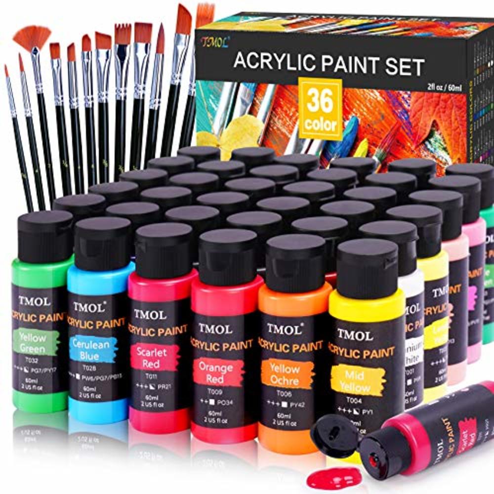 TMOL Acrylic Paint Set with 12 Art Brushes, 36 Colors (2 oz/Bottle) Acrylic Paint for Painting Canvas, Wood, Ceramic and Fabric, Pain