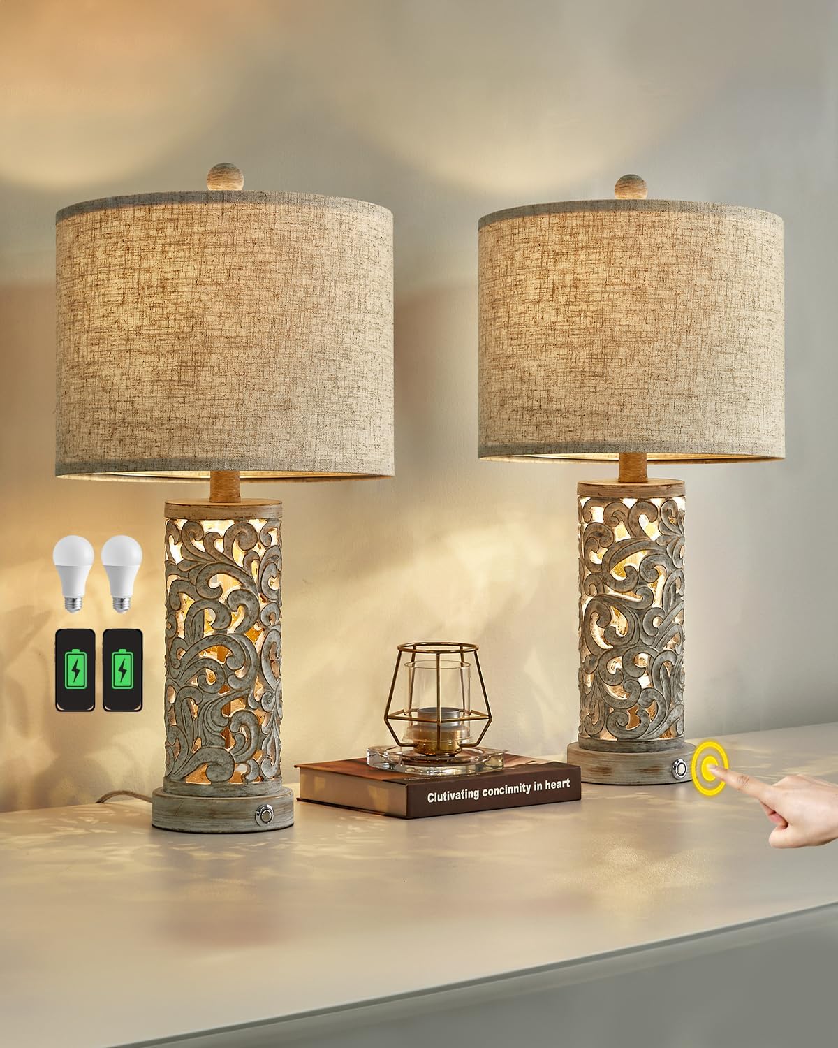 Touch Control Bedside Lamp With USB A+C Charging Ports And AC Outlet, 3