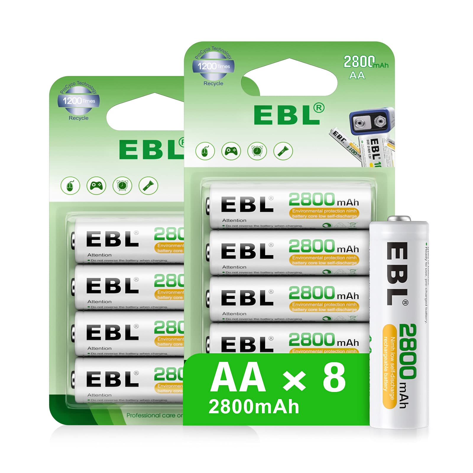 EBL Rechargeable AA Batteries 1.2V 2800mAh Precharged Ni-MH AA Battery New  Retail Package, Pack of 8