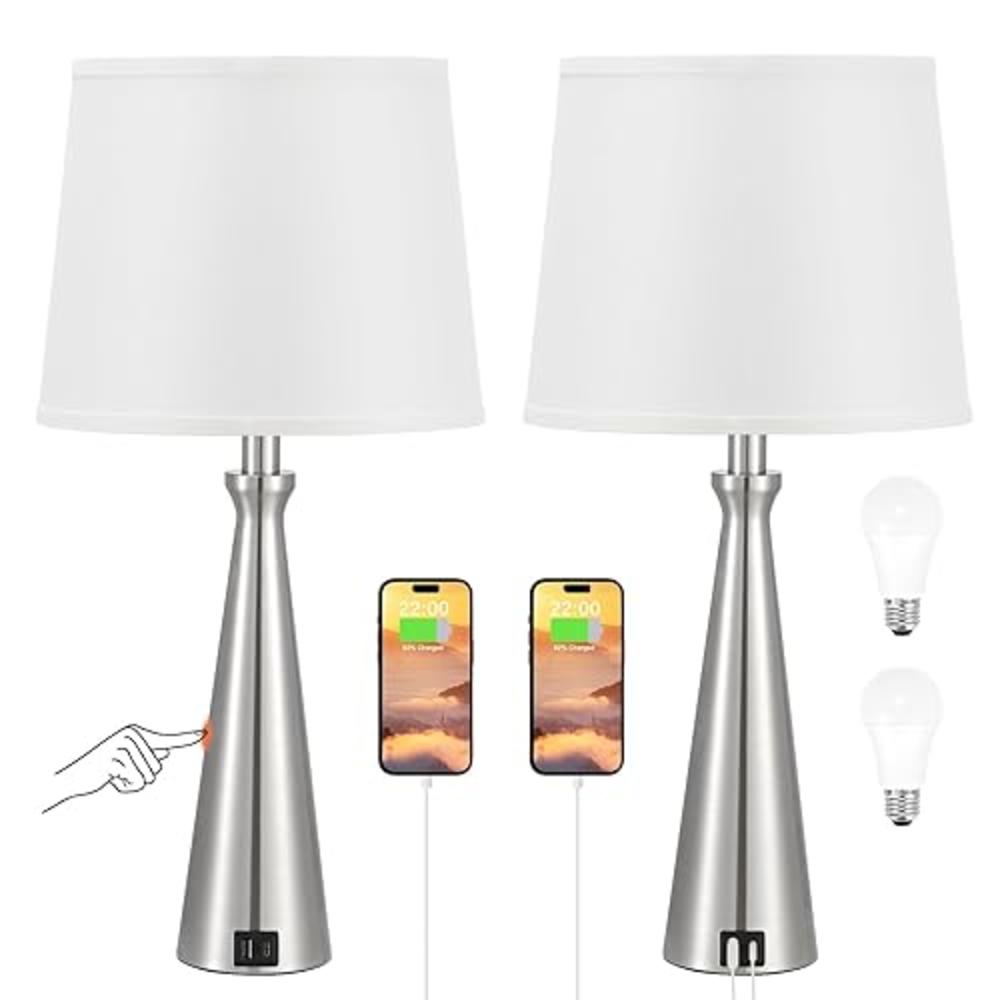 Acaxin Table Lamps for Living Room Set of 2 - Nightstand Bedroom Lamp with USB C USB-A Charging Port White, Dimmable Bedside Touch Lamp