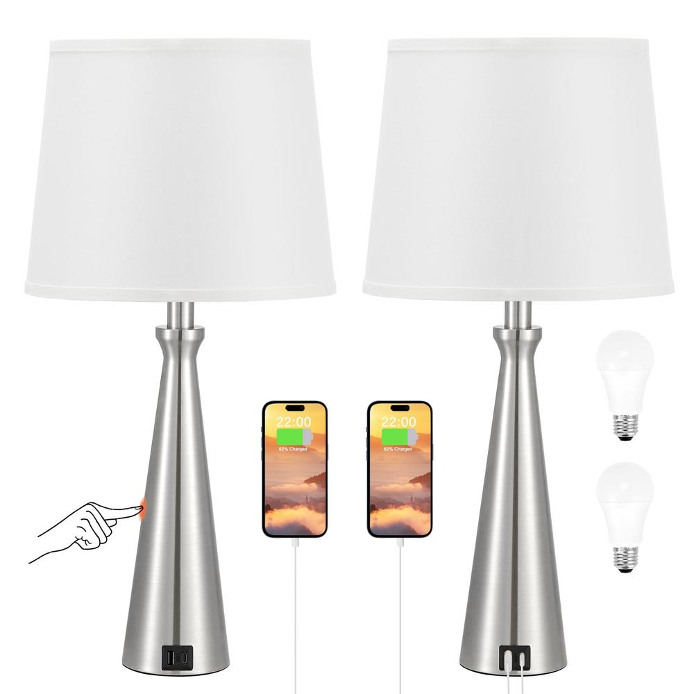 Acaxin Table Lamps for Living Room Set of 2 - Nightstand Bedroom Lamp with USB C USB-A Charging Port White, Dimmable Bedside Touch Lamp