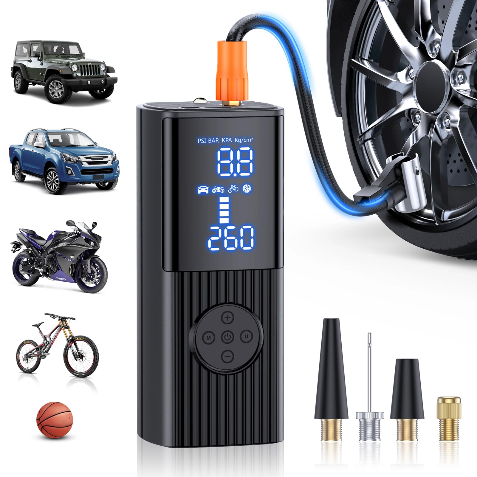 Tire Inflator Air Compressor & Jump Starter - 150PSI Cordless Pump With Digital Gauge, LED Light