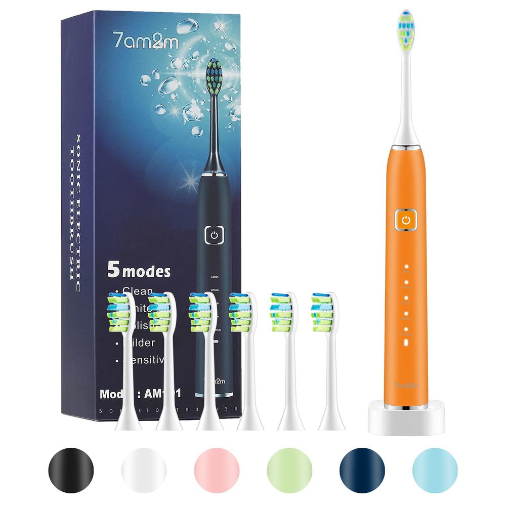 7AM2M Sonic Electric Toothbrush with 6 Brush Heads for Adults and Kids, One Charge for 90 Days, Wireless Fast Charge, 5 Modes wi