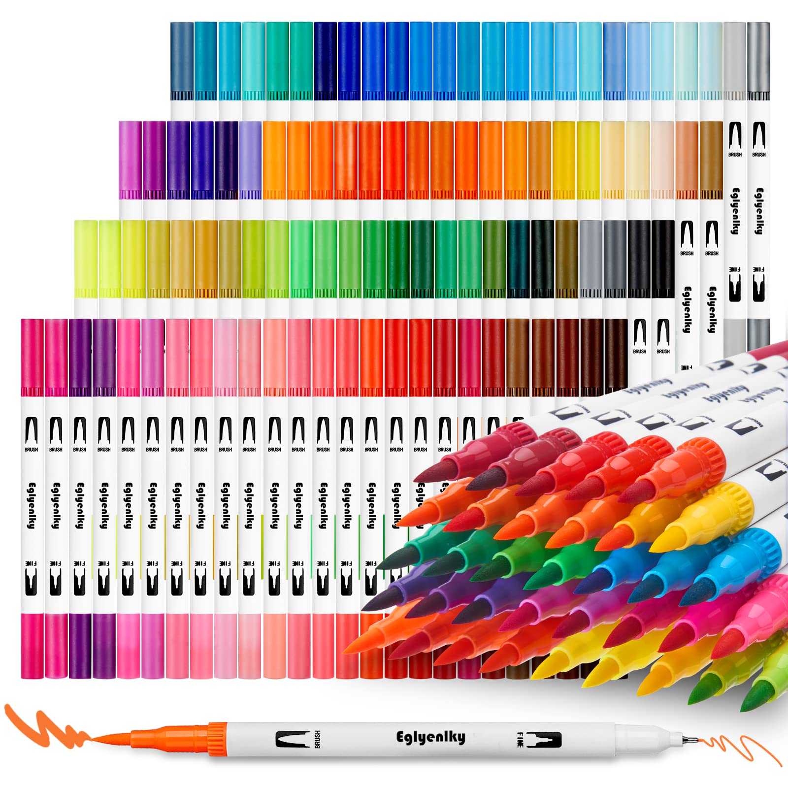 Eglyenlky Markers for Coloring Book Adults Relaxation, Dual Tip Brush Pens  with 100 Watercolor Fine Tip Markers (0.4mm) and Brus