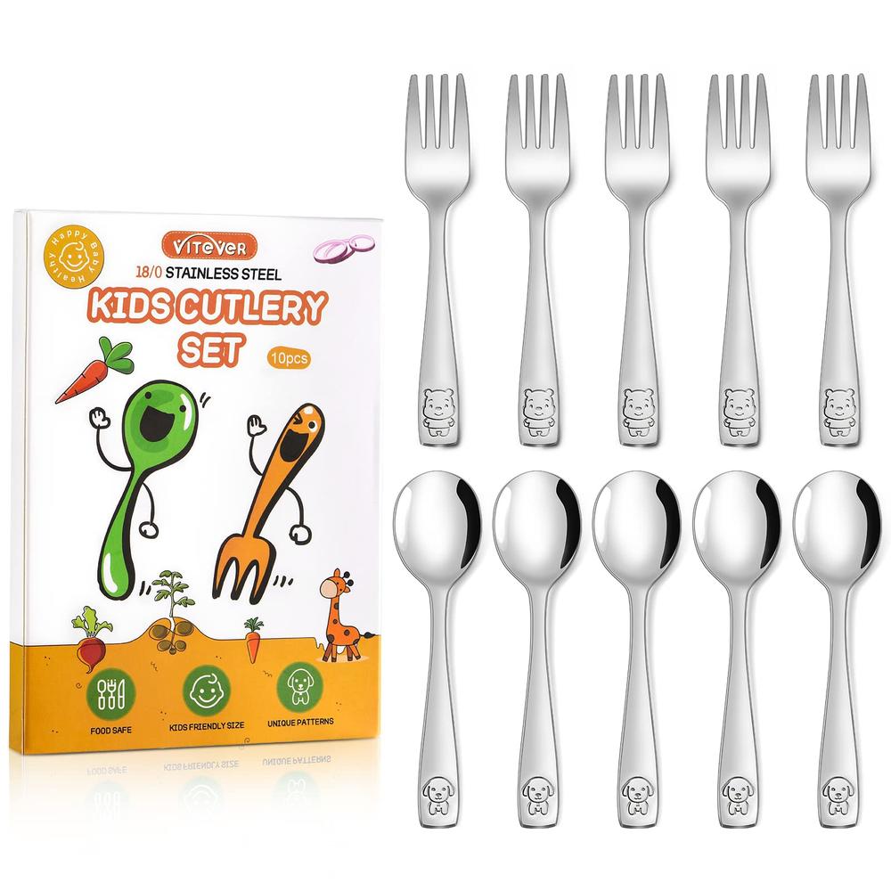 VITEVER 10-Piece Toddler Utensils, Kids Stainless Steel Silverware Set, Children Safe Forks and Spoons - Mirror Polished, Dishwa