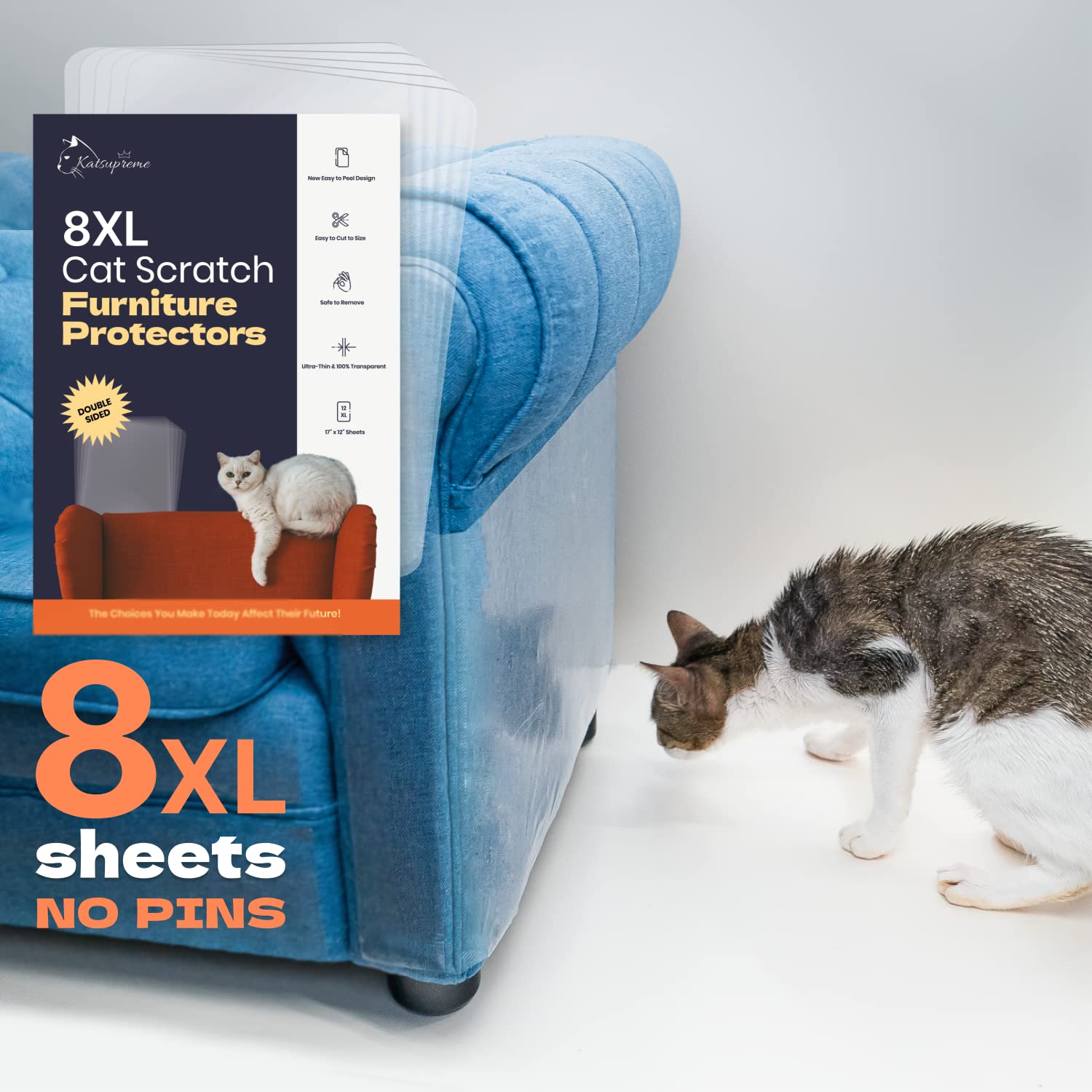 KatSupreme Cat Scratch Couch Protector 8XL Sheets, Clear (Almost