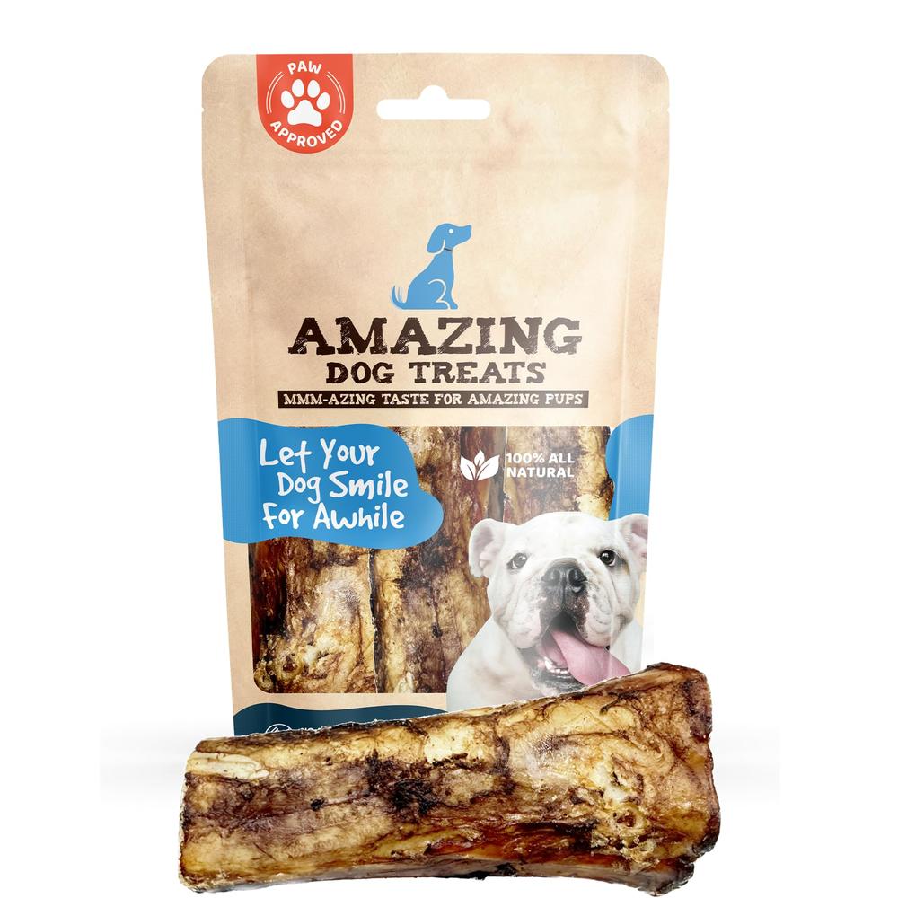 Amazing Dog Treats - 5-6 Inch Meaty Beef Marrow Bones (4 Count) - Best Bones for Dogs - Long Lasting Dog Chew Bones - Filled Mar