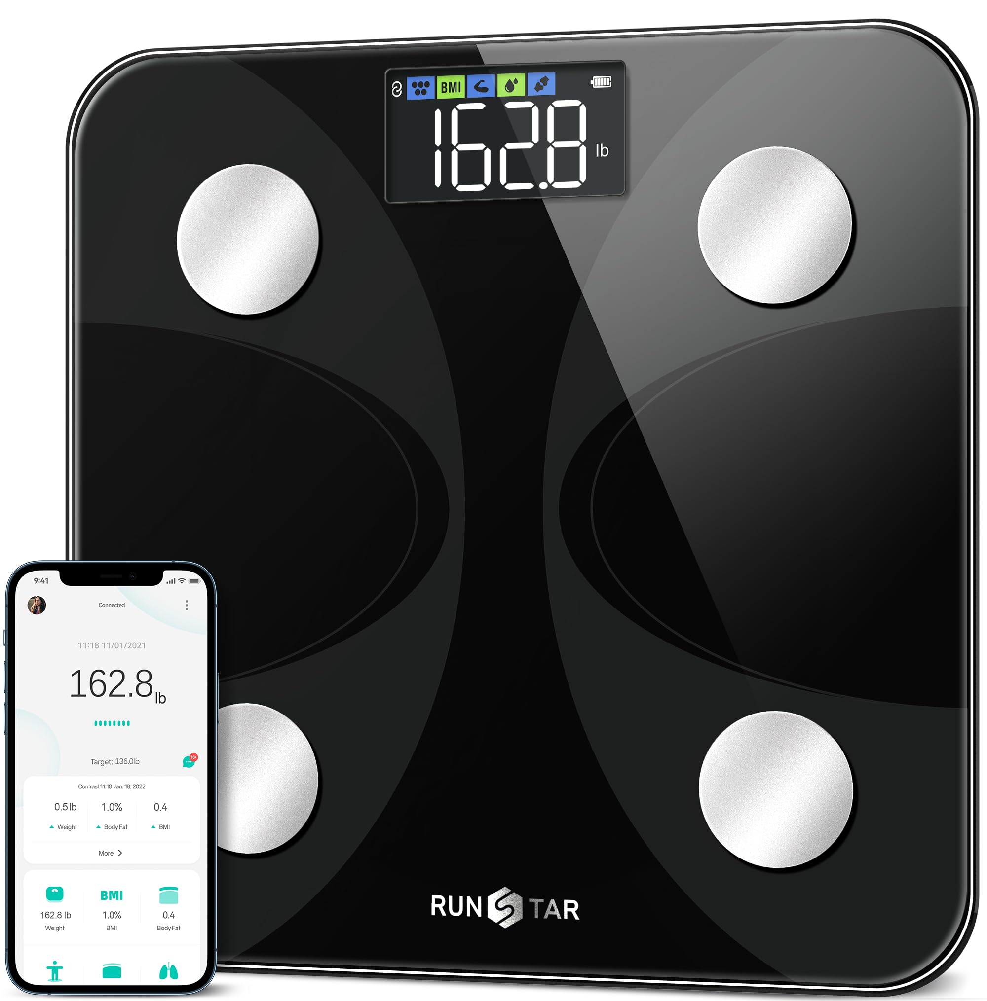 Smart Scale for Body Weight and Fat Percentage, Runstar High Accuracy Digital Bathroom Scale FSA or HSA Eligible with LED Display for BMI 13 Body