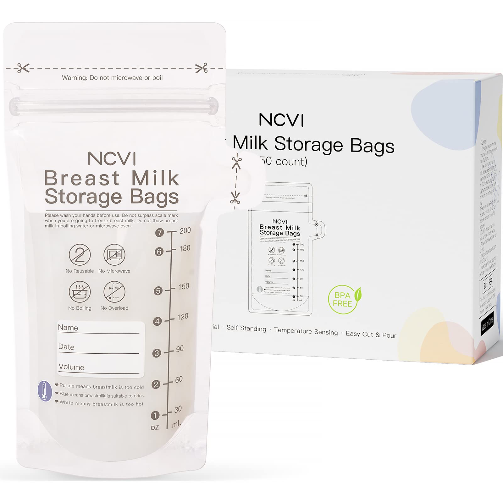 NCVI Breastmilk Storage Bags, 50 Count Milk Storage Bags for Breastfeeding, 7oz Breast Milk Storage Bags with Temp-Sensing, Doub