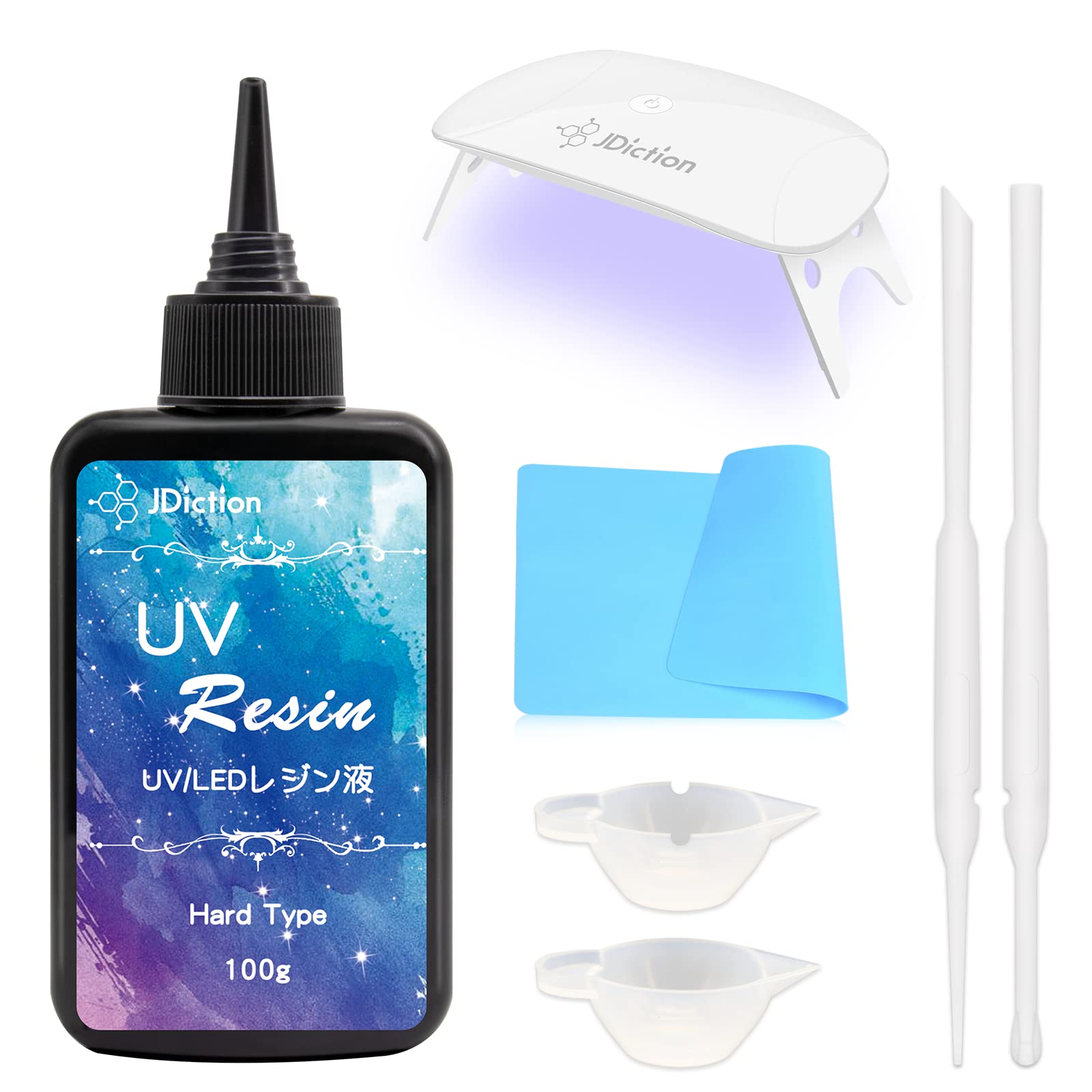 JD-CA-UV-02 JDiction UV Resin Kit with Light, Crystal Clear Hard Resin Glue  Sunlight Curing UV Resin Starter Kit for Doming, Coating, and Ca