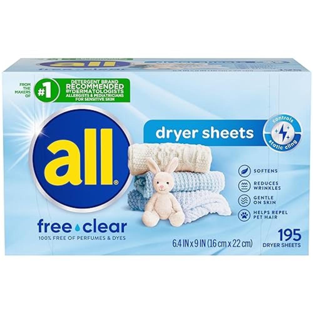 all Fabric Softener Dryer Sheets for Sensitive Skin, Free Clear, 195 Count