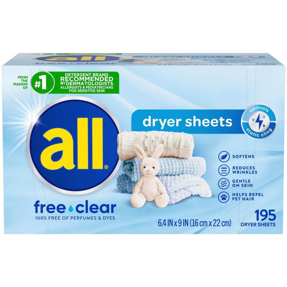 all Fabric Softener Dryer Sheets for Sensitive Skin, Free Clear, 195 Count