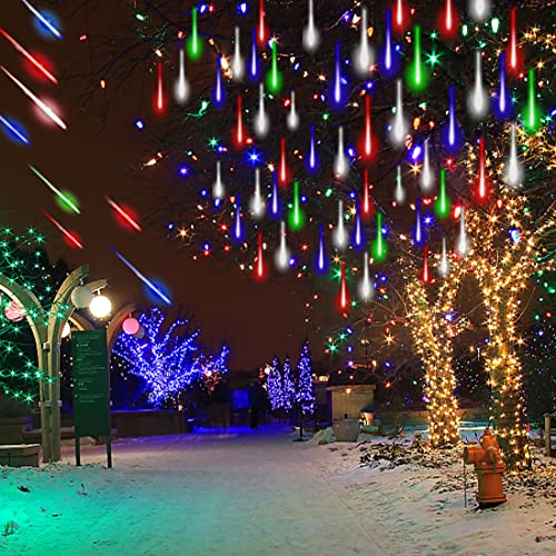 Adecorty Christmas Lights Outdoor Tree Cascading Icicle Lights 12 inch 8 Tubes Shooting Star Waterfall Meteor Shower Falling Rai