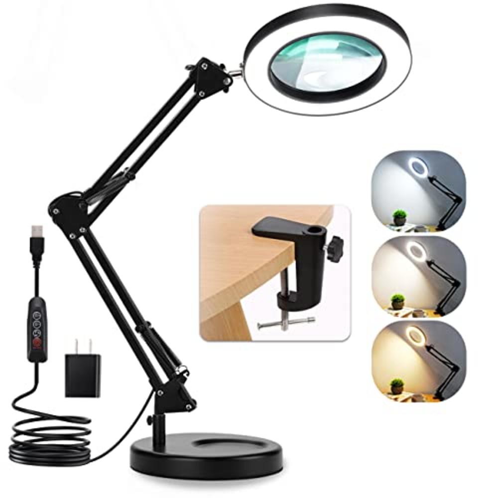 Veemagni 10X Magnifying Glass with Light and Stand, Veemagni 2-in-1 Real Glass Magnifying Desk Lamp & Clamp, 3 Color Modes Stepless Dimma