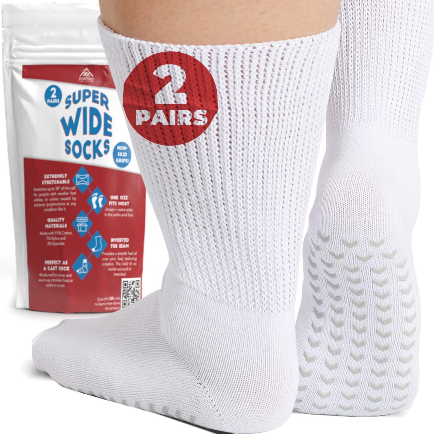 FORTIVO 2 Pairs Extra Wide Socks For Swollen Feet, Diabetic Socks for Men, Diabetic Non Slip Socks, Diabetic Socks Women, Hospital Socks
