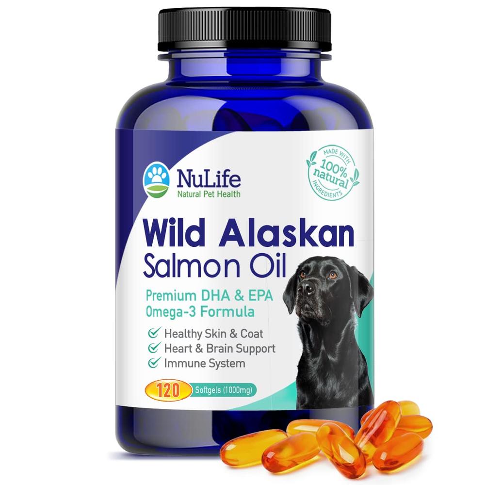 NuLife Natural Pet Health Pure Wild Alaskan Salmon Oil for Dogs, Omega 3 Fish Oil Supplement for Healthy Skin & Shiny Coat, Prevents Itchy Skin, Skin Alle