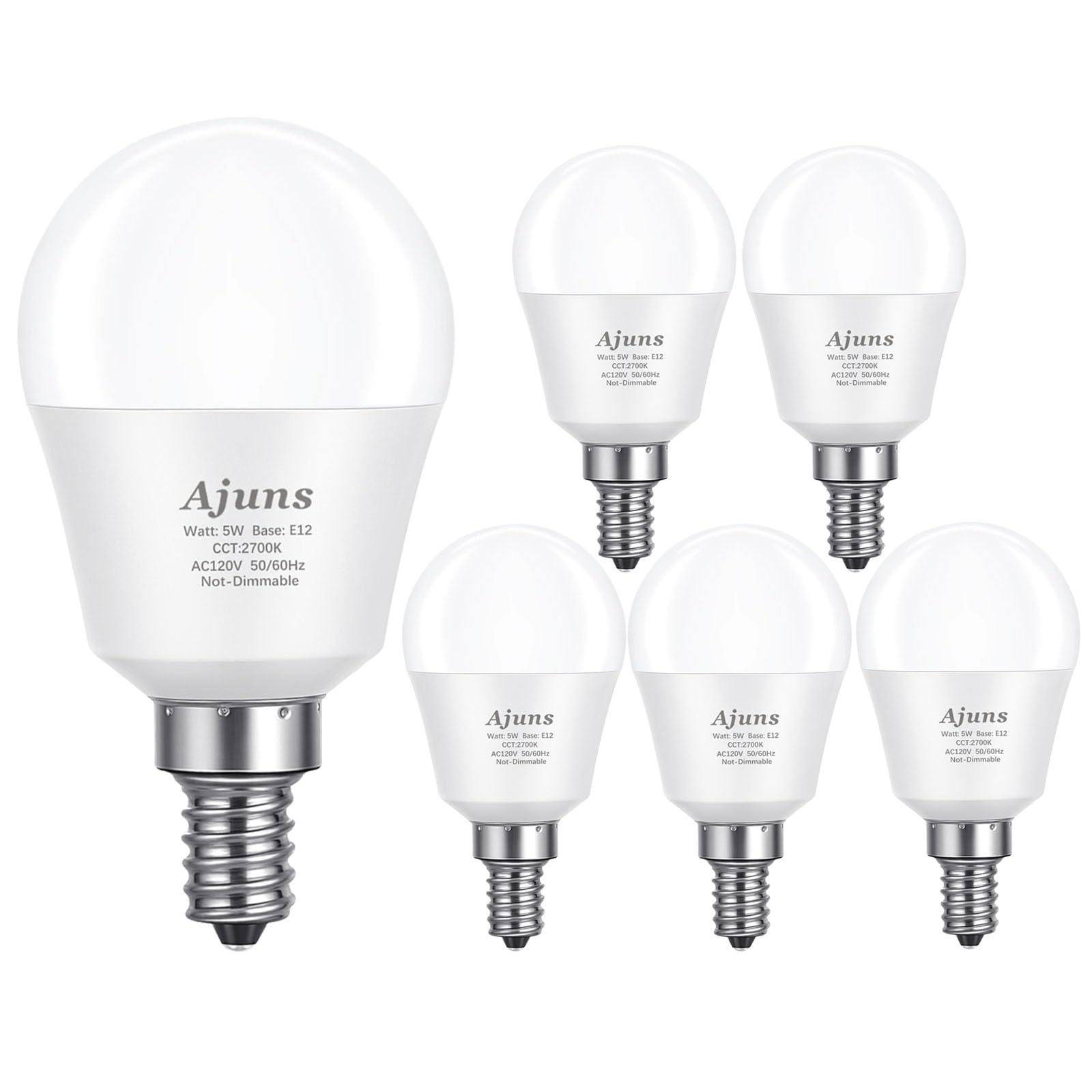 Ajuns 5Watt (40W Equivalent) LED Bulbs, E12 Small Base Ceiling Fan Light Bulbs,450 Lumen,Warm White 2700K, 120V A15 LED Bulb Glo